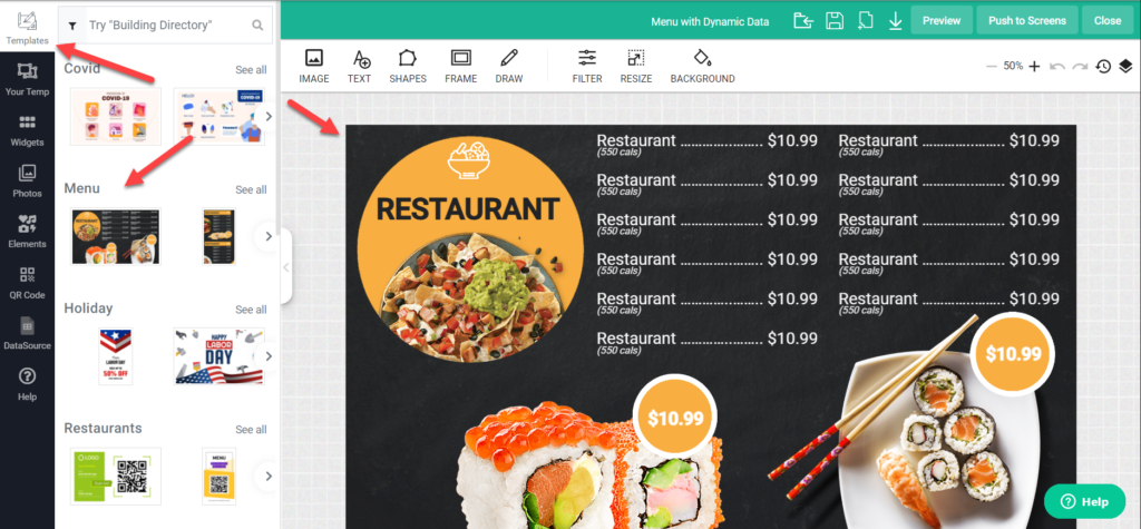 Optisigns Menu editor